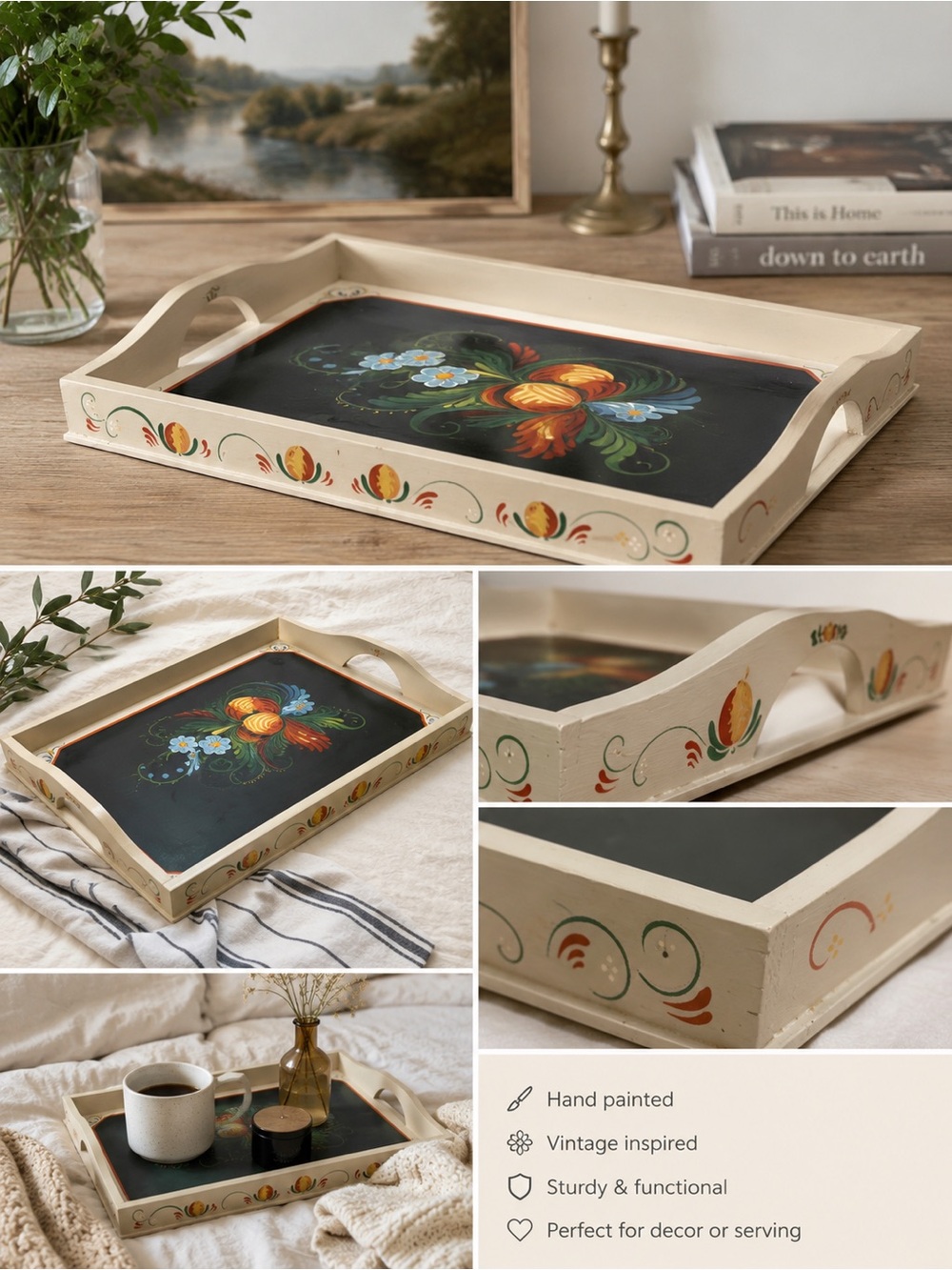 Hand-Painted Folk Art Tray with Multicolor Floral Design